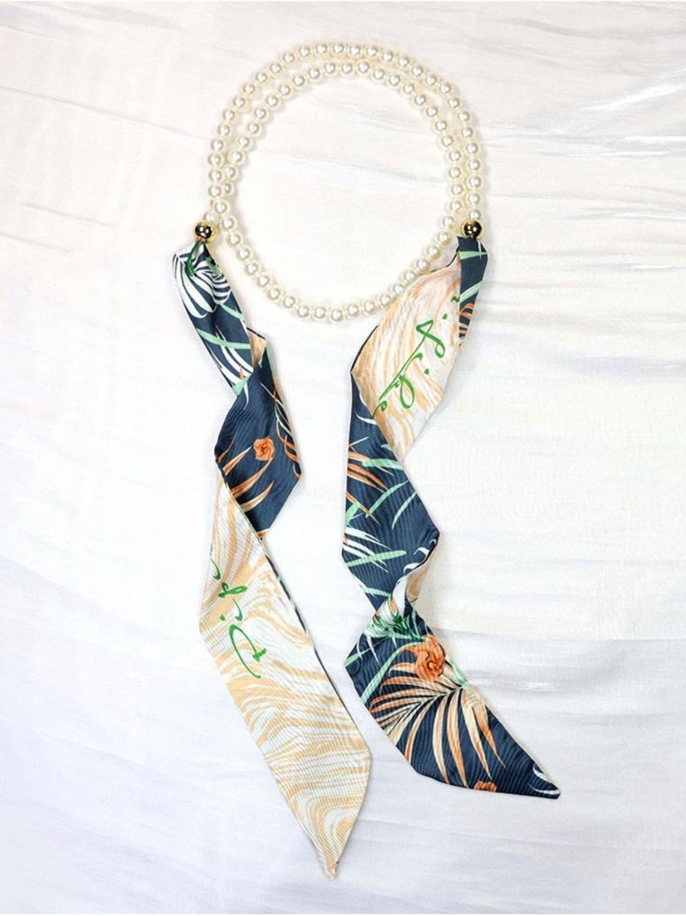Pearl Beaded Scarf Necklace with Navy & Cream Tropical Print